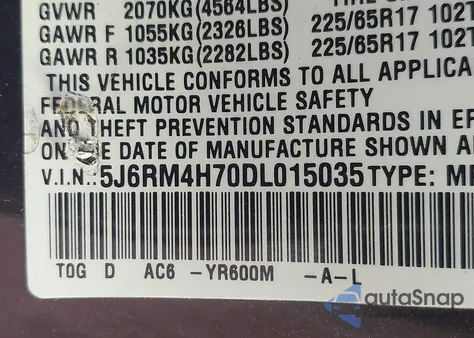 2013 Honda Cr-V Ex-L из США, поврежденный, VIN 5J6RM4H70DL015035